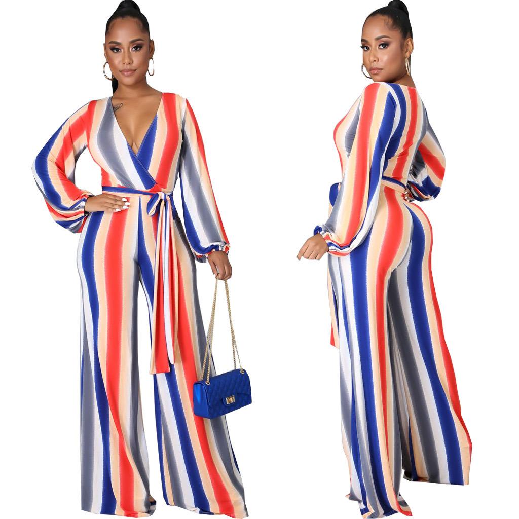 Stripe Print V-neck Long Sleeved Jumpsuit