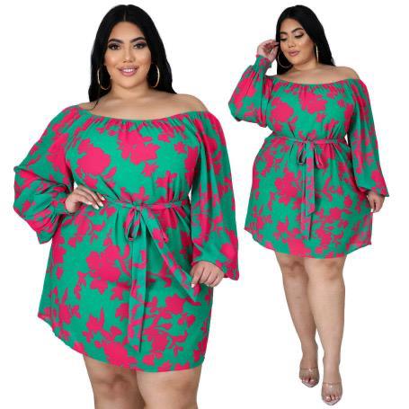 Plus Size Printing Long-sleeved Loose Lace-up Dress