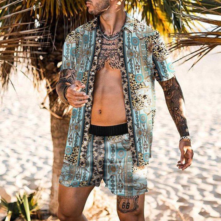 Beach Men's Casual Printed Shorts Shirt Set