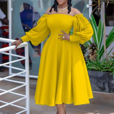 Solid Color Long Sleeve Large Skirt Off-shoulder Dress