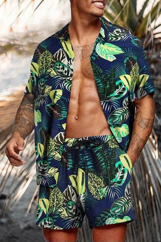 Beach Men's Casual Printed Shorts Shirt Set