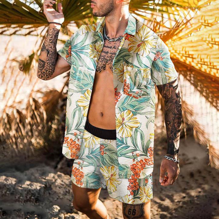 Beach Men's Casual Printed Shorts Shirt Set