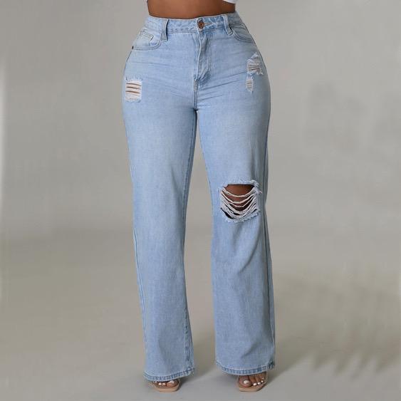 New Ripped Women's Straight Jeans Trouser