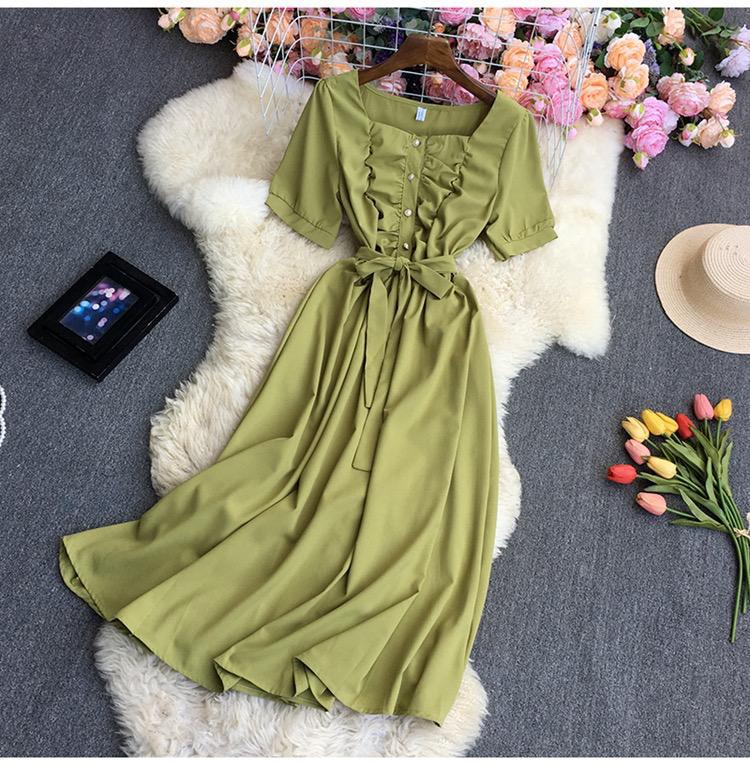 Square Neck Short Sleeve Slim Lace-up Dress