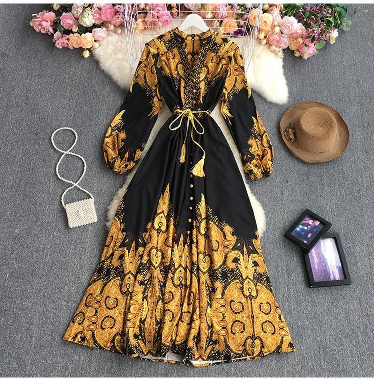 Single-Breasted V-neck Slim Large Swing Lace-up Dress