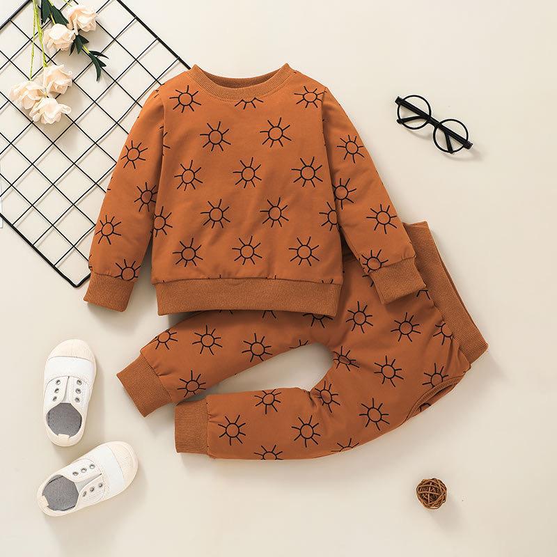 Autumn Children's Suit Boys And Girls Sun Print Pullover Two-piece Set