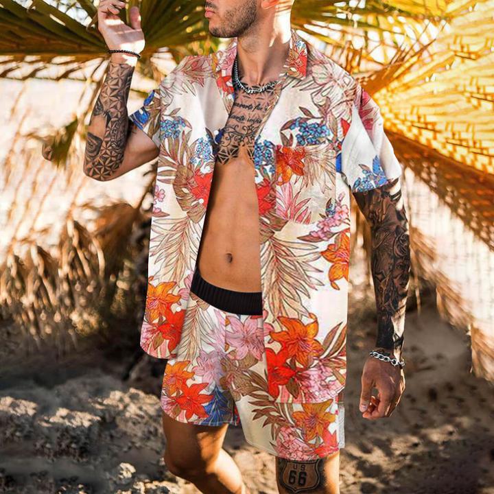 Beach Men's Casual Printed Shorts Shirt Set