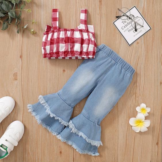 Fashion Children's Clothing Plaid Suspender Top Denim Flared Pants Two-piece Set