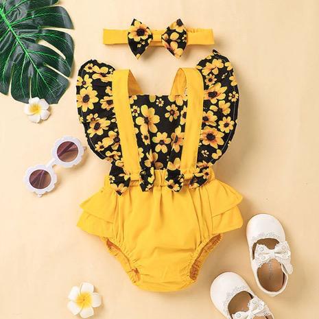 Children Cute Printed Triangle Rompers Flower Bow Flying Sleeve Jumpsuit