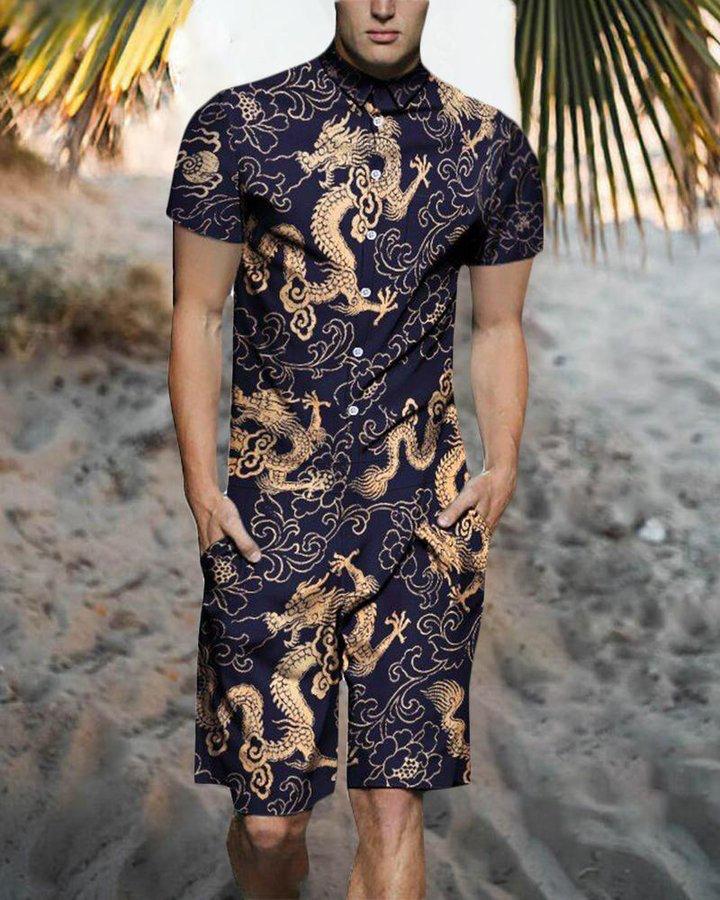 Beach Men's Casual Printed Shorts Shirt Set