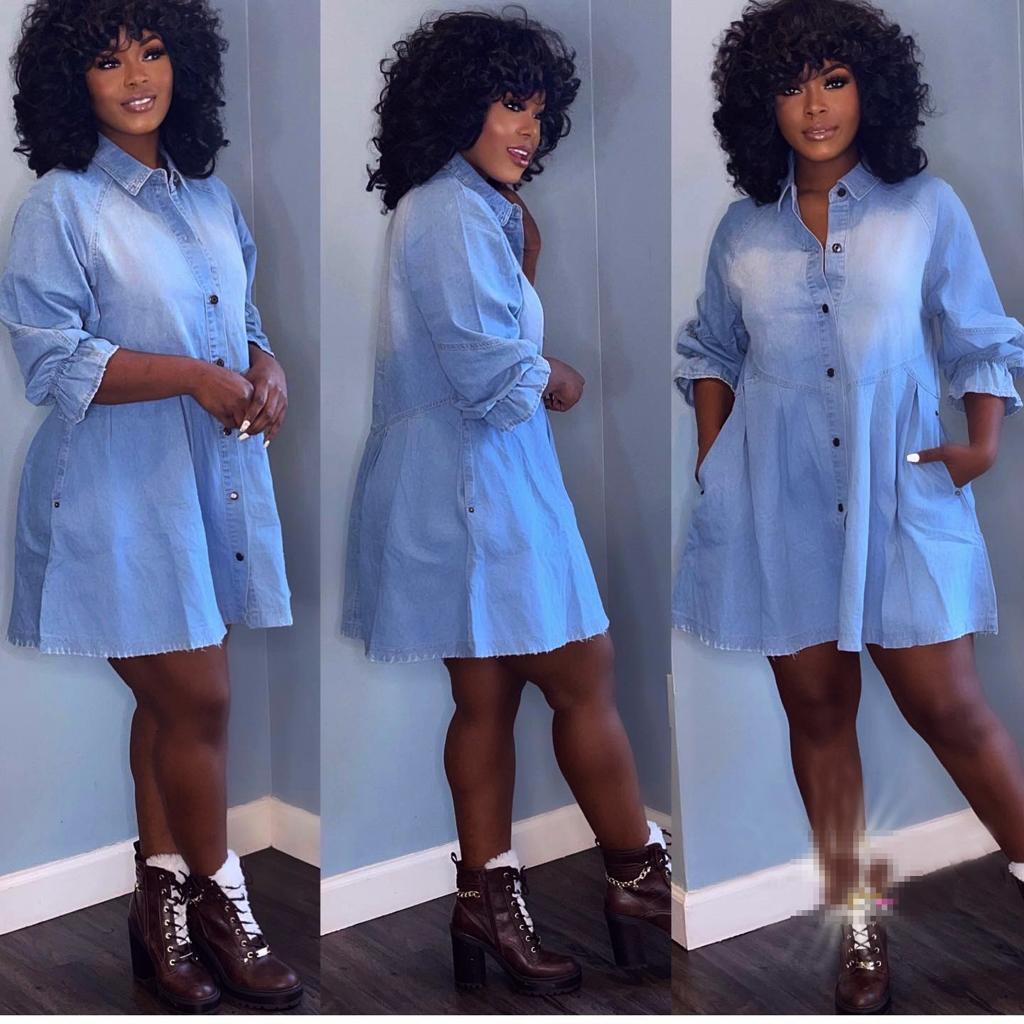 Mid-sleeve Lapel Slim Buttons Denim Dress