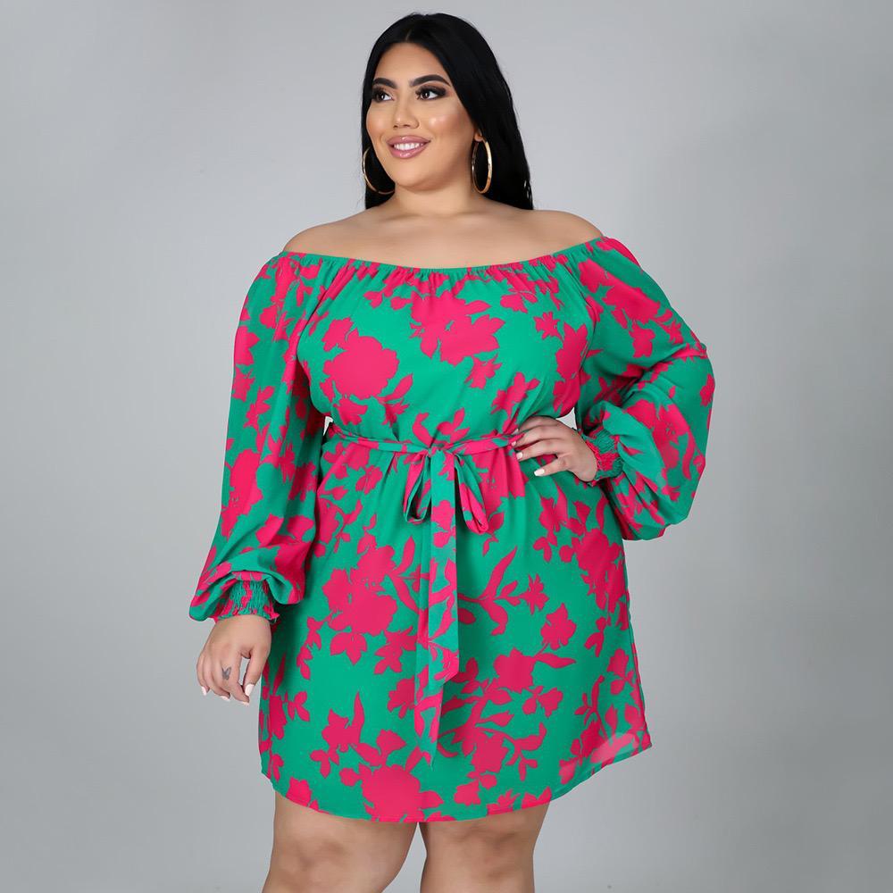 Plus Size Printing Long-sleeved Loose Lace-up Dress