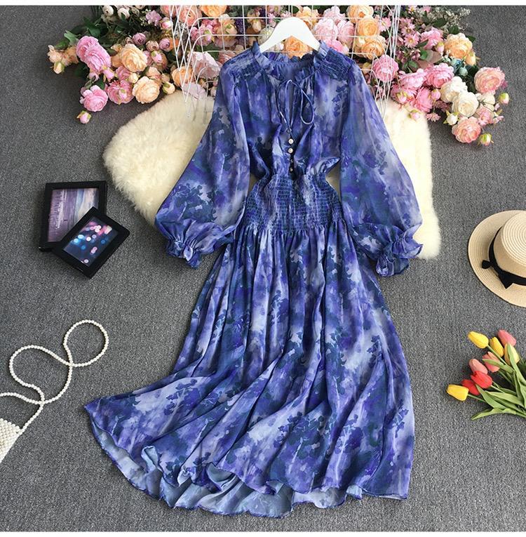 Print Stand-up Collar Puff Long Sleeve Lace Up Dress