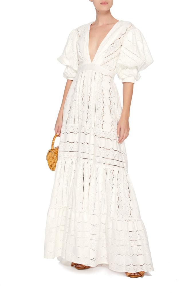 Solid Color Deep V-neck Puff Sleeve Lace Hollow Dress Solid Color Deep V-neck Puff Sleeve Lace Hollow Dress