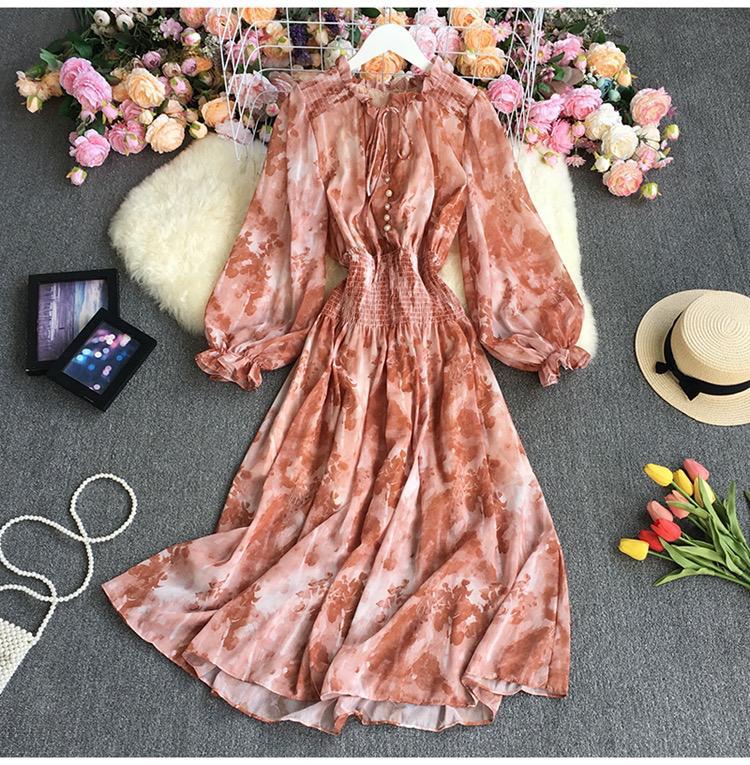 Print Stand-up Collar Puff Long Sleeve Lace Up Dress