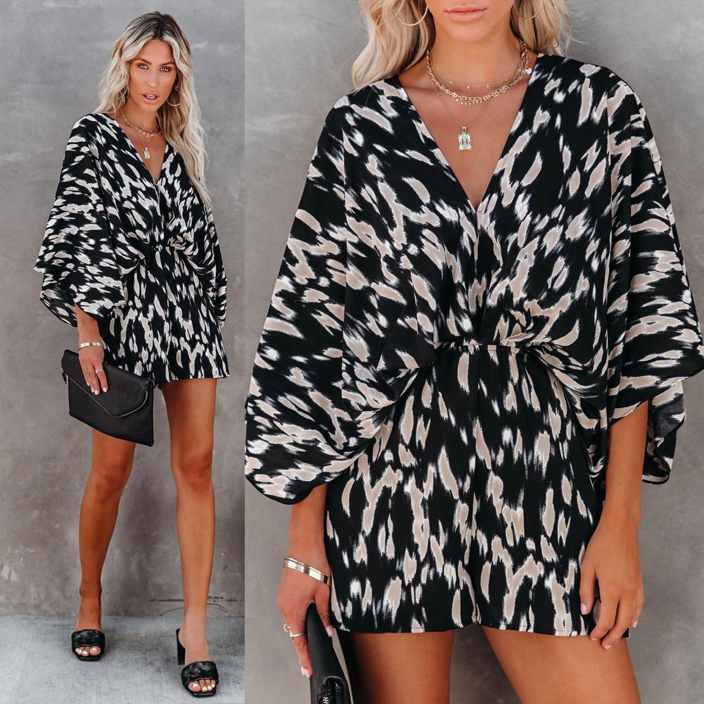 Printed V-neck Bat-sleeve Loose Tie Jumpsuit