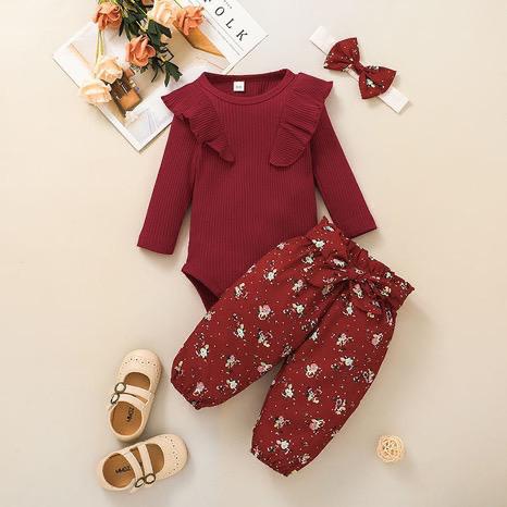 European and American printed Baby Long-Sleeved Jumpsuit Trousers Head Scarf Three-Piece Set