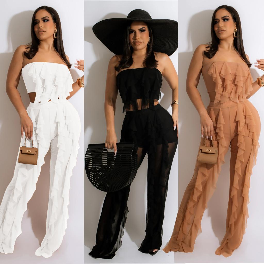 Ruffled Tube Top Slim Solid Color Mesh Top And Pants Suit
