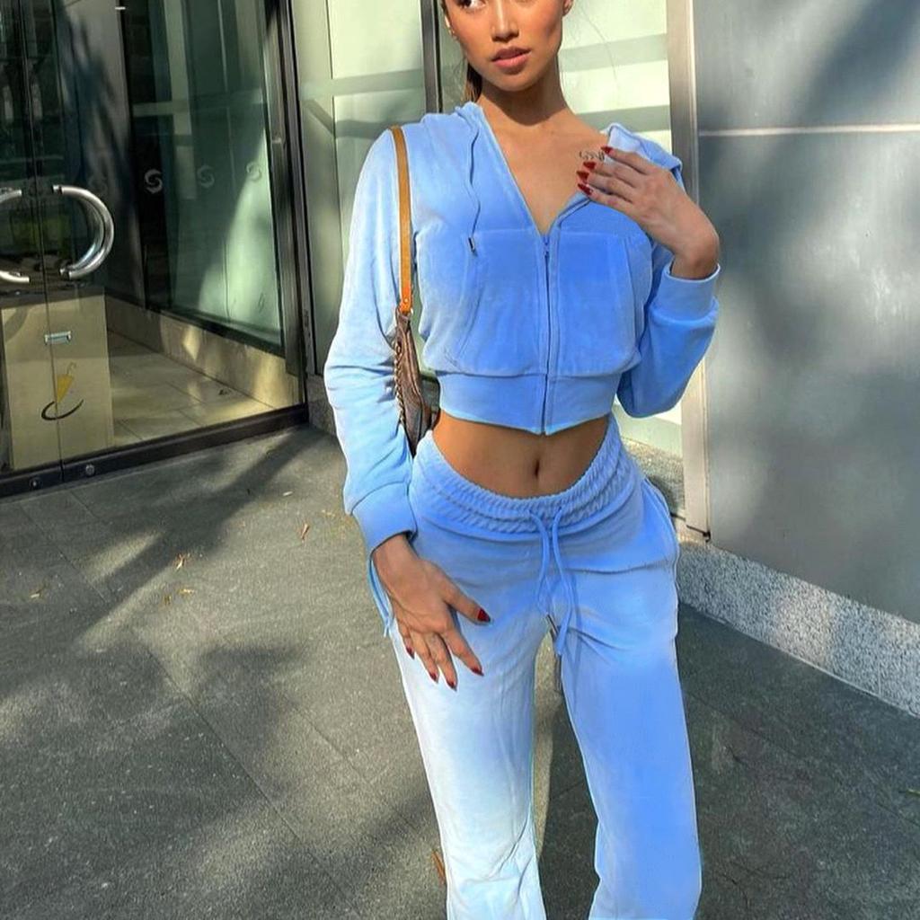 Trendy Zipper Solid Color Long-sleeved Hooded Drawstring Top And Trousers Set