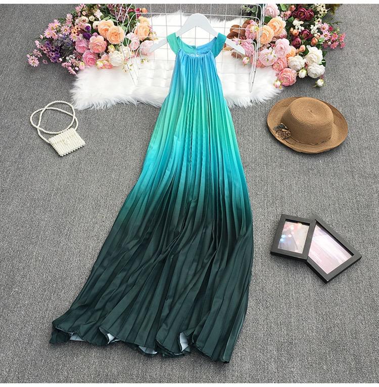 Pleated Rainbow Color Gradient Round Neck Loose Sleeveless Dress