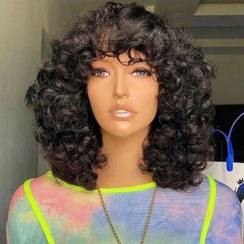 Bloom Rose Curl Fringe Wigs Natural Black Double Drawn Human Hair Wigs