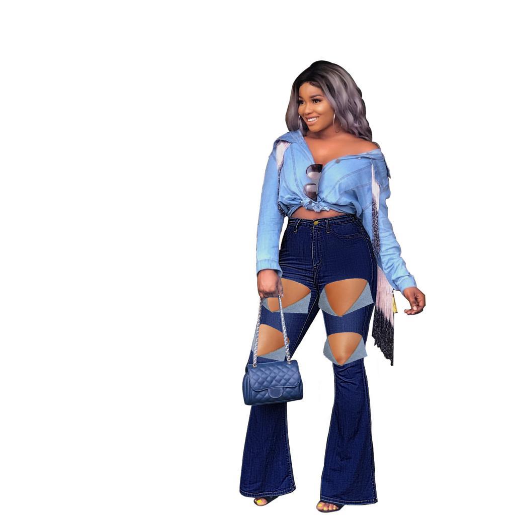 Elastic High-Waist Ripped Bootcut Jeans