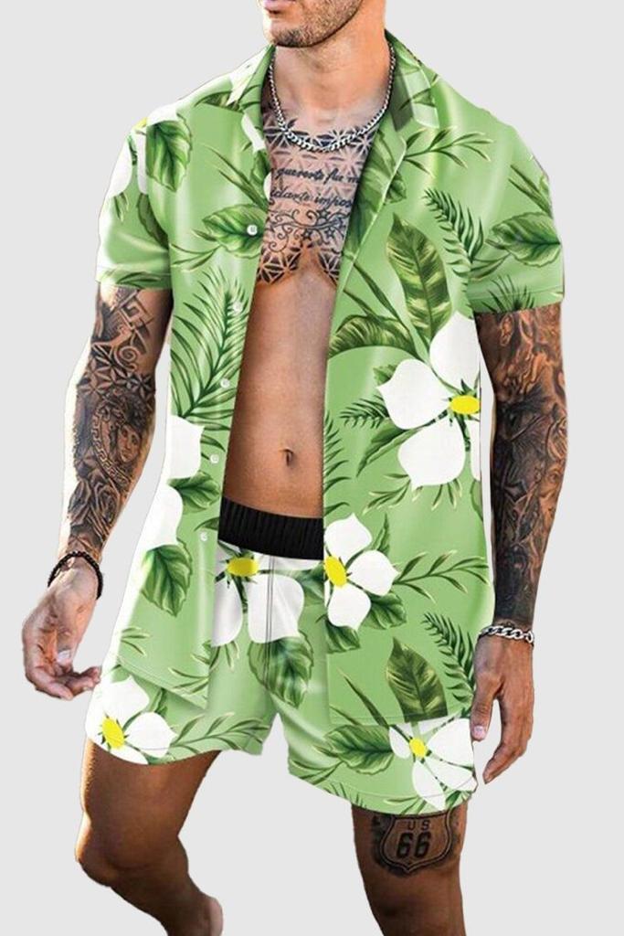 Beach Men's Casual Printed Shorts Shirt Set