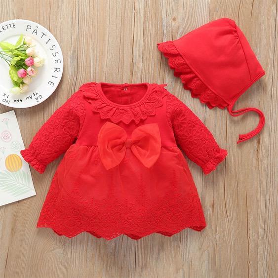 Solid Color Bow Long Sleeve Princess Dress Lace Girl Baby Dress
