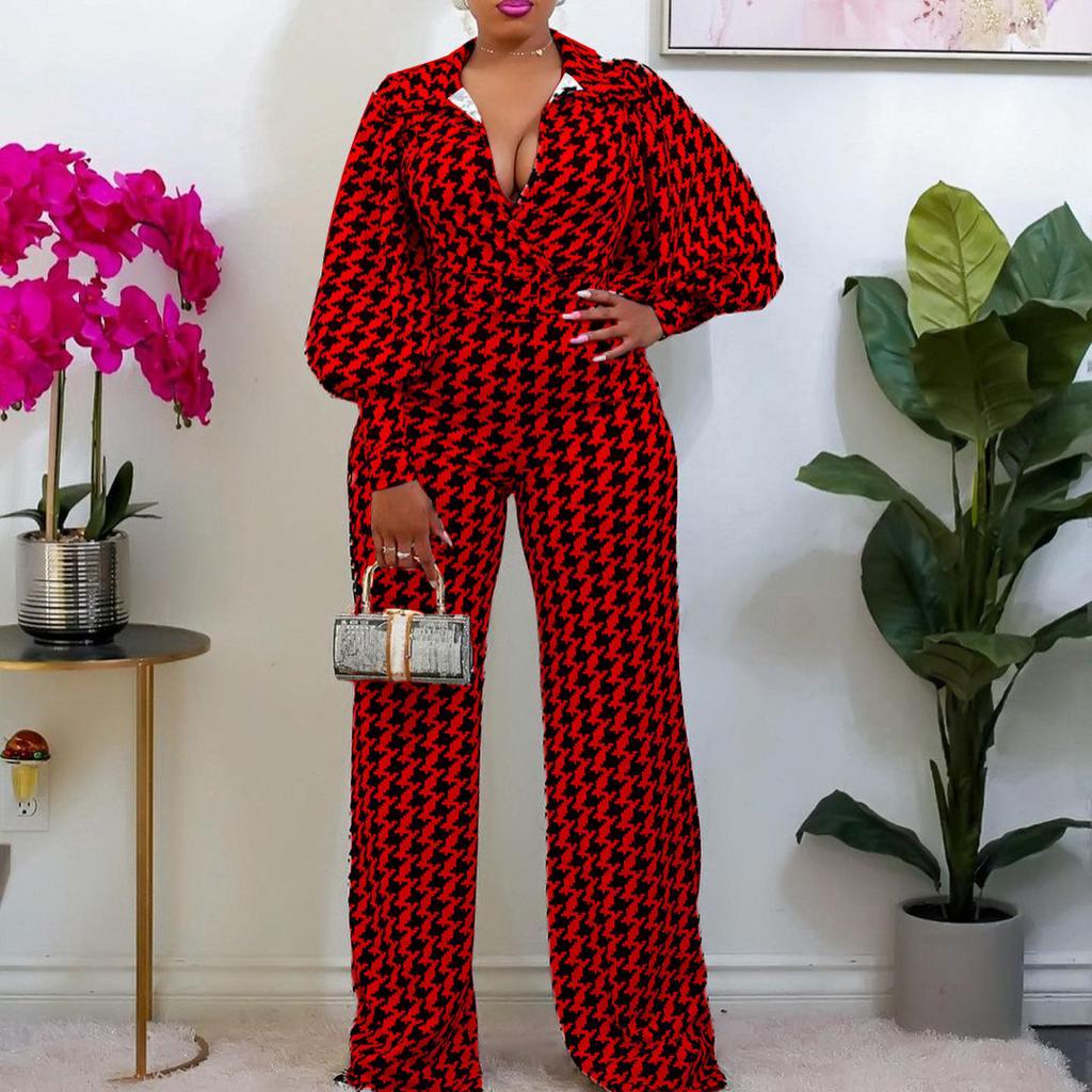 Houndstooth Loose Elastic V-neck Straight High Waist Jumpsuit