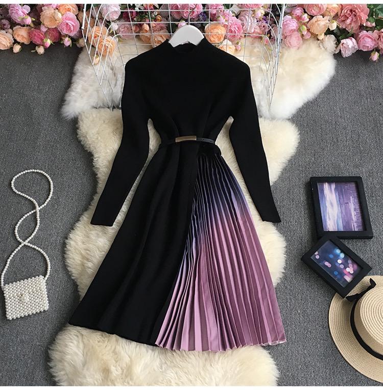 Knitted Pleated Gradient Long Sleeve Slim Dress