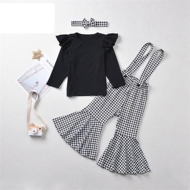 Autumn houndstooth strap bell bottom pants baby suit