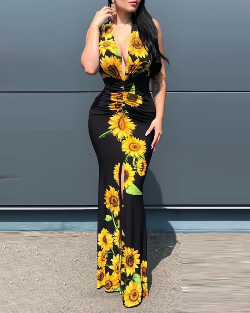 Printed Sleeveless V-neck Stitching Slit Tight Multi-color Dress