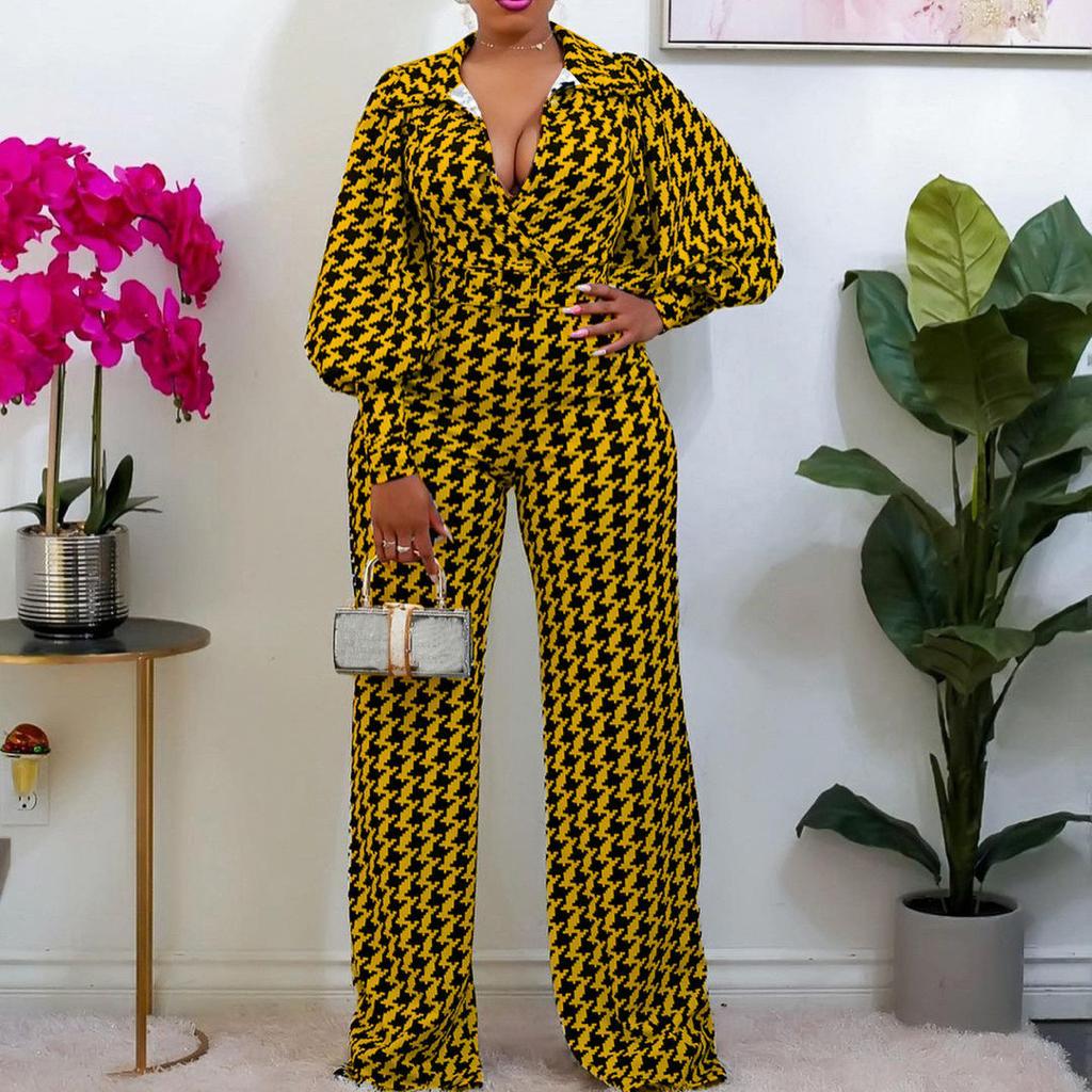 Houndstooth Loose Elastic V-neck Straight High Waist Jumpsuit